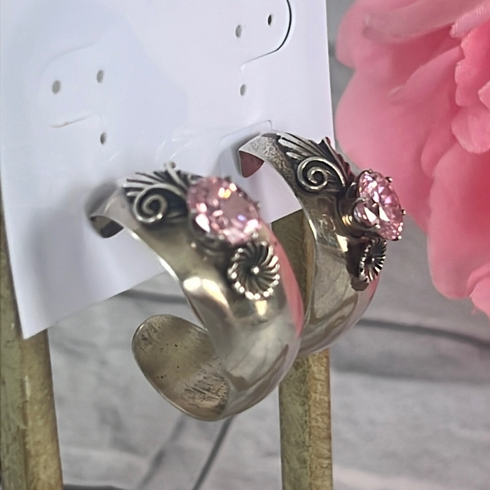 Vintage pink stone sterling silver hoops earrings